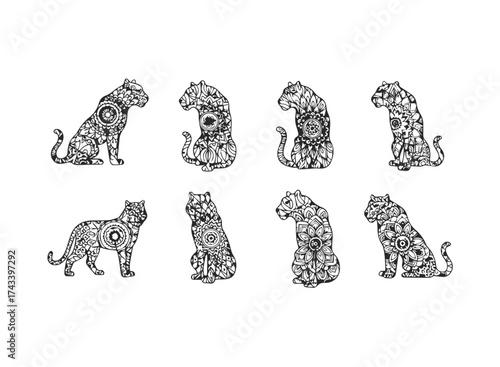 Set of Stylized Tigers with Intricate Mandala Patterns.