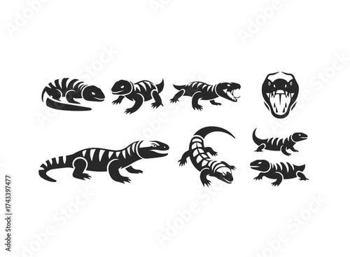 Stylized Lizard and Reptile Silhouettes Collection.