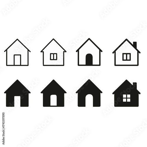 Collection of simple black and white house icons representing home, building, and architecture.