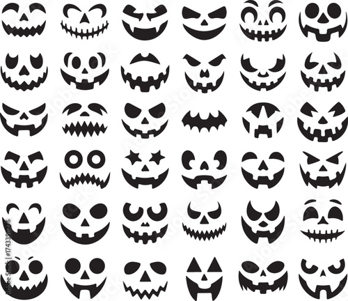 Collection of diverse and spooky carved halloween pumpkin faces with various expressions and designs