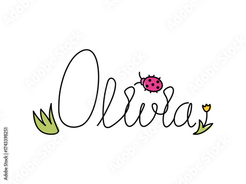 Name Olivia,lettering, doodle,one line,flowers patterns. Card with beautiful name Olivia in flowers. Female name decorative lettering type design