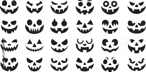 Collection of spooky and scary halloween pumpkin faces carved designs for festive decorations