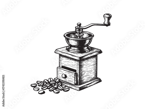 Coffee Grinder Vintage Engraved Beans Scene Illustration Isolated Vector