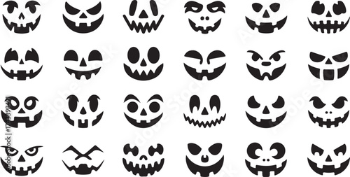 Collection of spooky halloween jack o lantern faces with various expressions