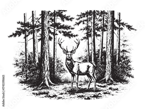 Forest Deer Vintage Engraved Wildlife Scene Illustration Isolated Vector