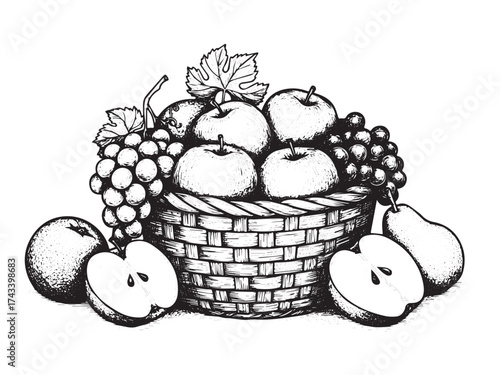 Fruit Basket Vintage Engraved Market Scene Illustration Isolated Vector