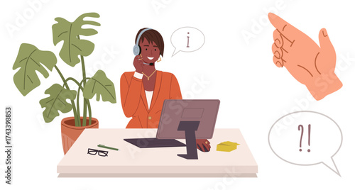 Woman wearing headset responding to inquiries at a desk, speech bubbles and hand gestures indicating questions. Ideal for communication, support, help desk, customer service, guidance, teamwork