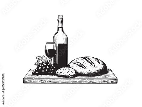 Wine and Bread Vintage Engraved Still Life Scene Vector