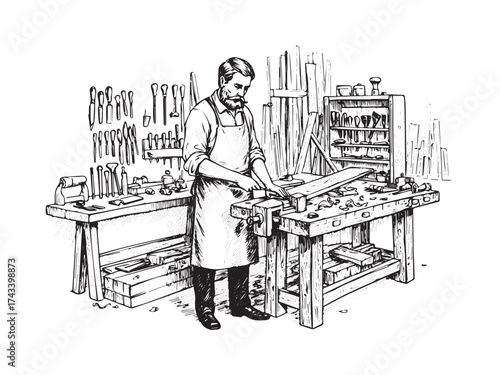Vintage Workshop Engraved Artisan Scene Illustration Isolated Vector
