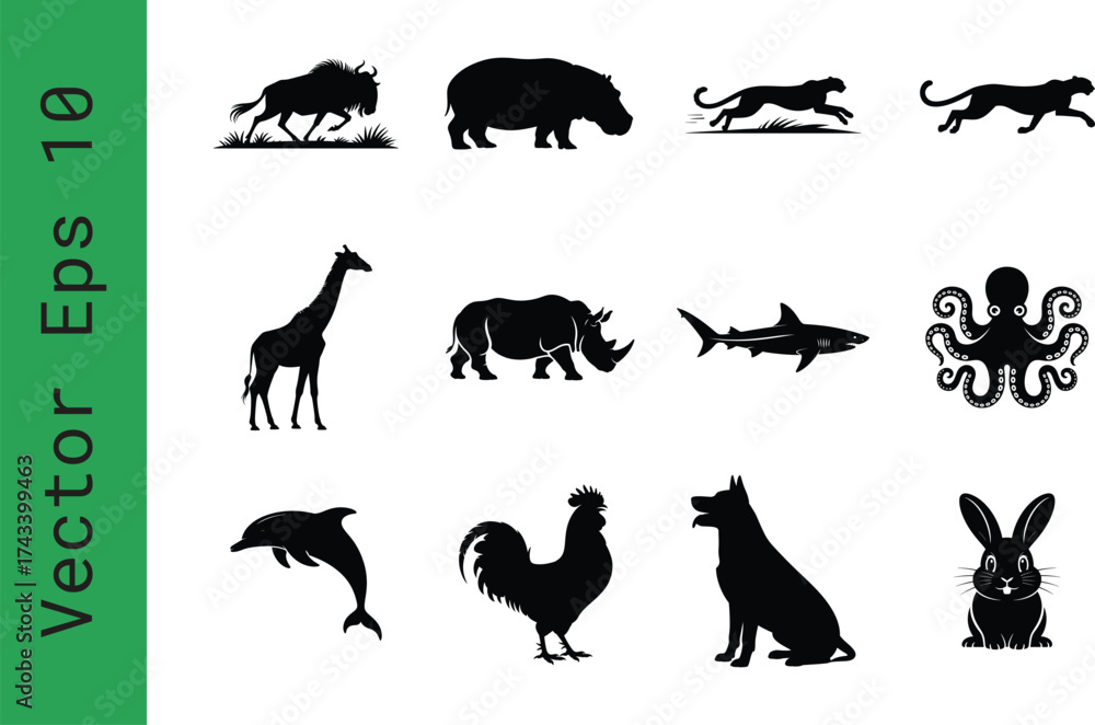 Obraz premium Black animal silhouettes set, collection of 12 wildlife and domestic animal icons, minimalist vector eps 10 graphics for logos