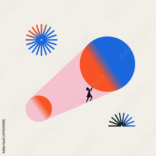 Minimalist Illustration of a young woman pushing a large sphere, symbolizing ambition, growth, and success. Shows determination and empowerment. Great for Gen Z career and business goals