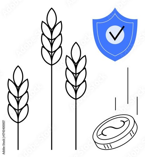 Wheat stalks, a shield with a checkmark, and a falling coin represent security, agriculture, and financial growth. Ideal for farming, insurance, protection, sustainability economy investments risk