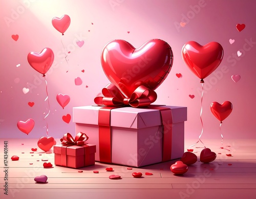 Romantic gift scene with hearts and balloons