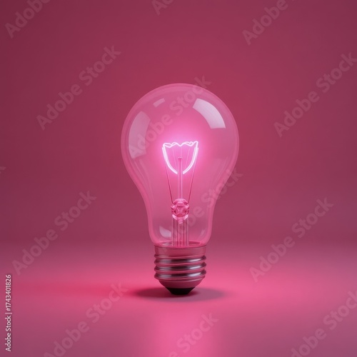 A single glowing pink light bulb sits on a pink surface with a pink background, symbolizing ideas and creativity