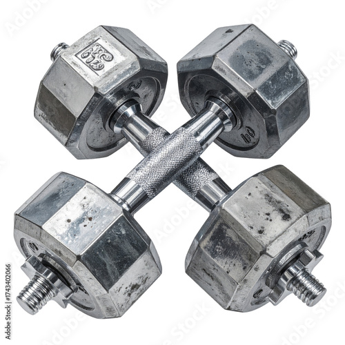 Two silver dumbbells, crossed at the handle, with metallic, worn surfaces, against a black background