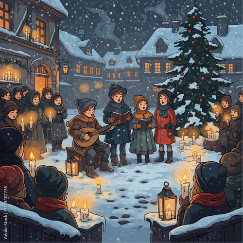 kids Christmas carol in a snow, performance by kids, kids singing together