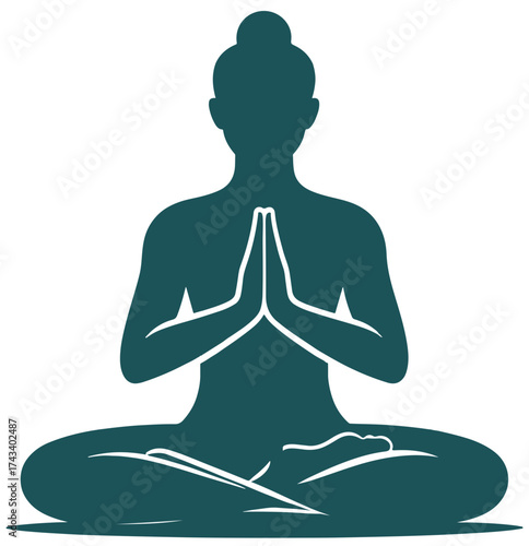 Silhouette of a person meditating in lotus position with hands in prayer.