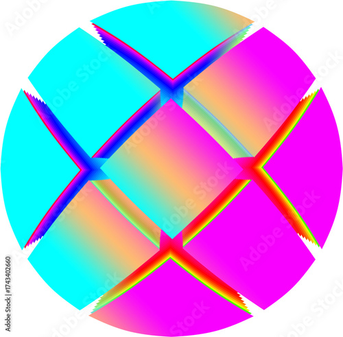 A vibrant abstract geometric circle with intersecting diagonal lines in bright neon gradients of cyan, magenta, and yellow.