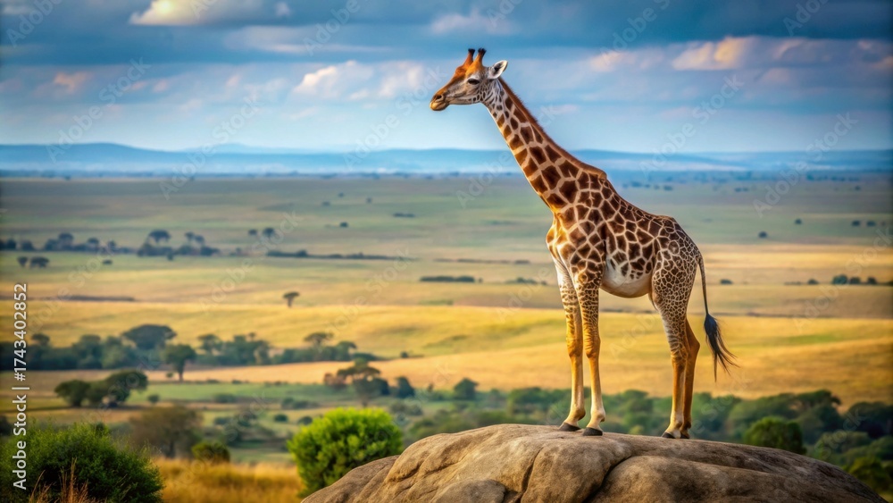 Obraz premium Majestic Giraffe Standing on Rock in African Savanna Landscape