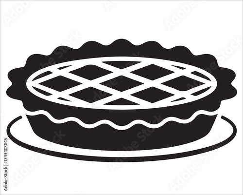 Black and white vector illustration of a pie with lattice crust, baked dessert design isolated on white background for bakery logo, food packaging, café menu, or culinary decoration use.