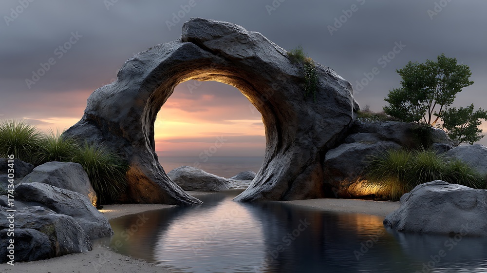 Fototapeta premium A futuristic glass arch positioned on rocky terrain near tranquil water, glowing under a sky filled with pastel pink clouds.