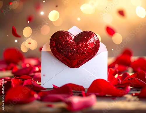 Romantic heart in an envelope surrounded by rose petals