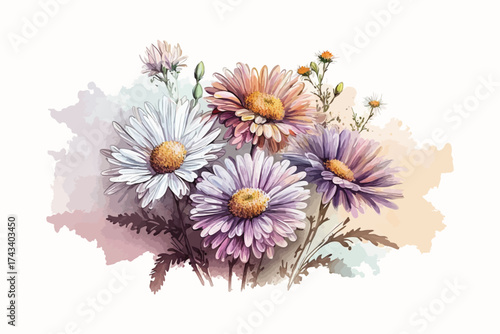 A beautiful watercolor bouquet of daisies with delicate green leaves on an isolated white background. Perfect for floral design, greeting cards, wedding invitations, and decorative 