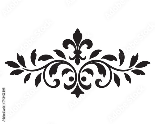 Elegant black ornamental floral vector design with swirl leaves and vintage decorative pattern isolated on white background for invitation, frame, divider, border, tattoo, or logo design use.