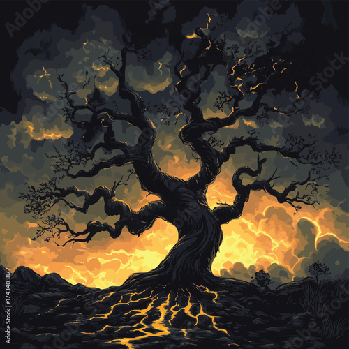 Ancient, gnarled tree ablaze with inner light in dark, stormy landscape , vector style simple color