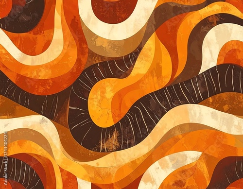 Retro-inspired abstract design with flowing curves in earth tones, textured for a vintage feel