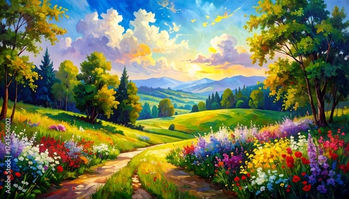 Fototapeta Naklejka Na Ścianę i Meble -  Colorful landscape painting of a path through a meadow