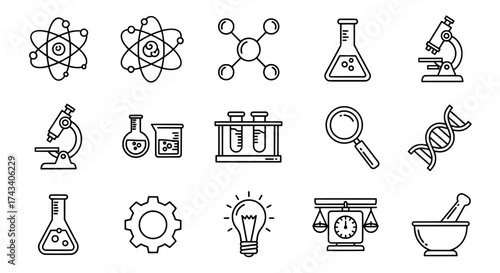 Collection of hand drawn science icons including atoms molecules beakers microscopes dna and lightbulb for educational and research concepts