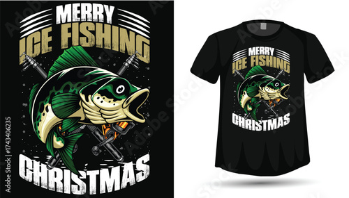 Merry Ice Fishing Christmas T-Shirt Design with Fish and Ice Auger Graphic Vector