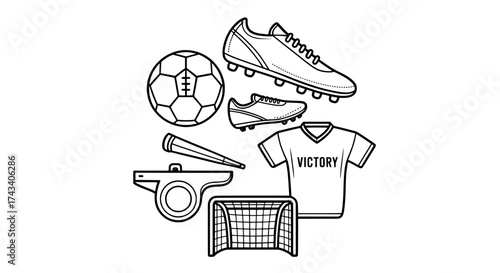 Collection of hand drawn soccer equipment including ball cleats jersey whistle and goal on white background