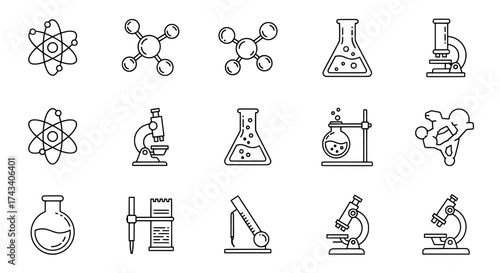 Collection of hand drawn science icons featuring atoms molecules beakers microscopes and laboratory equipment for educational and research concepts