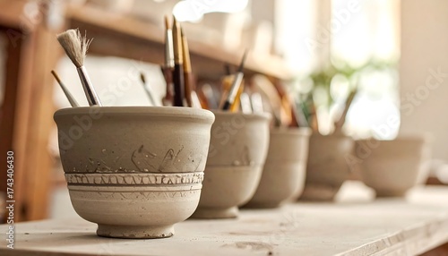 Close-up of ceramic cups with brushes, lined on a wooden surface, blurred background, soft lighting
