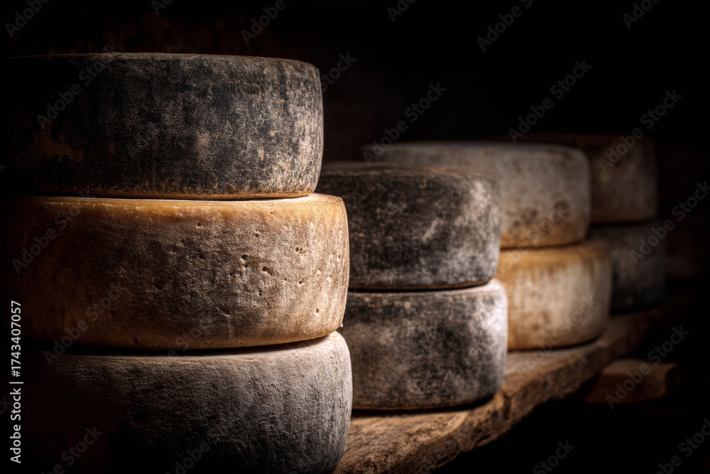 Fototapeta premium Cheese aging cellar, cheese wheels, aging gracefully to achieve their peak flavors. The setting underlines the traditional methods used in cheesemaking to produce such delicacies. Generative AI image