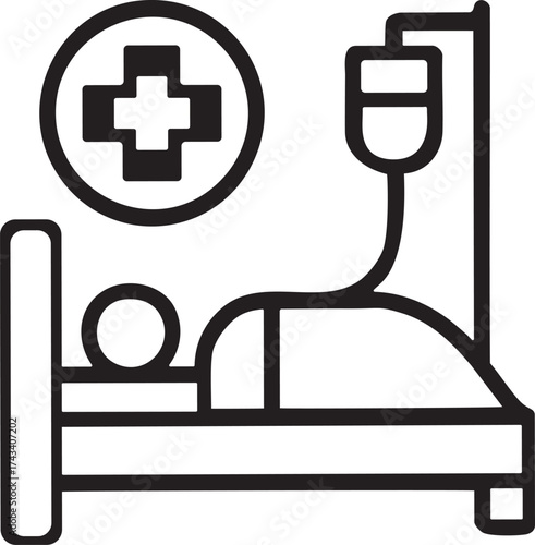 Patient in hospital bed with I V drip and medical cross symbol