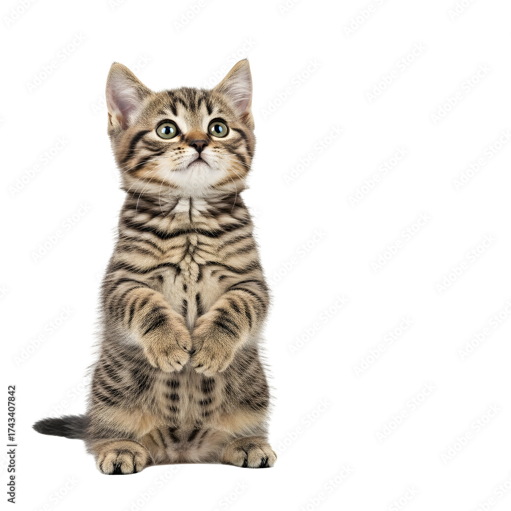 Obraz premium A cute tabby kitten sitting up and looking upwards with curiosity.