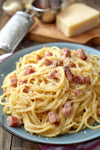 Traditional Italian pasta spaghetti carbonara with bacon and cheese parmesan. Generative AI image
