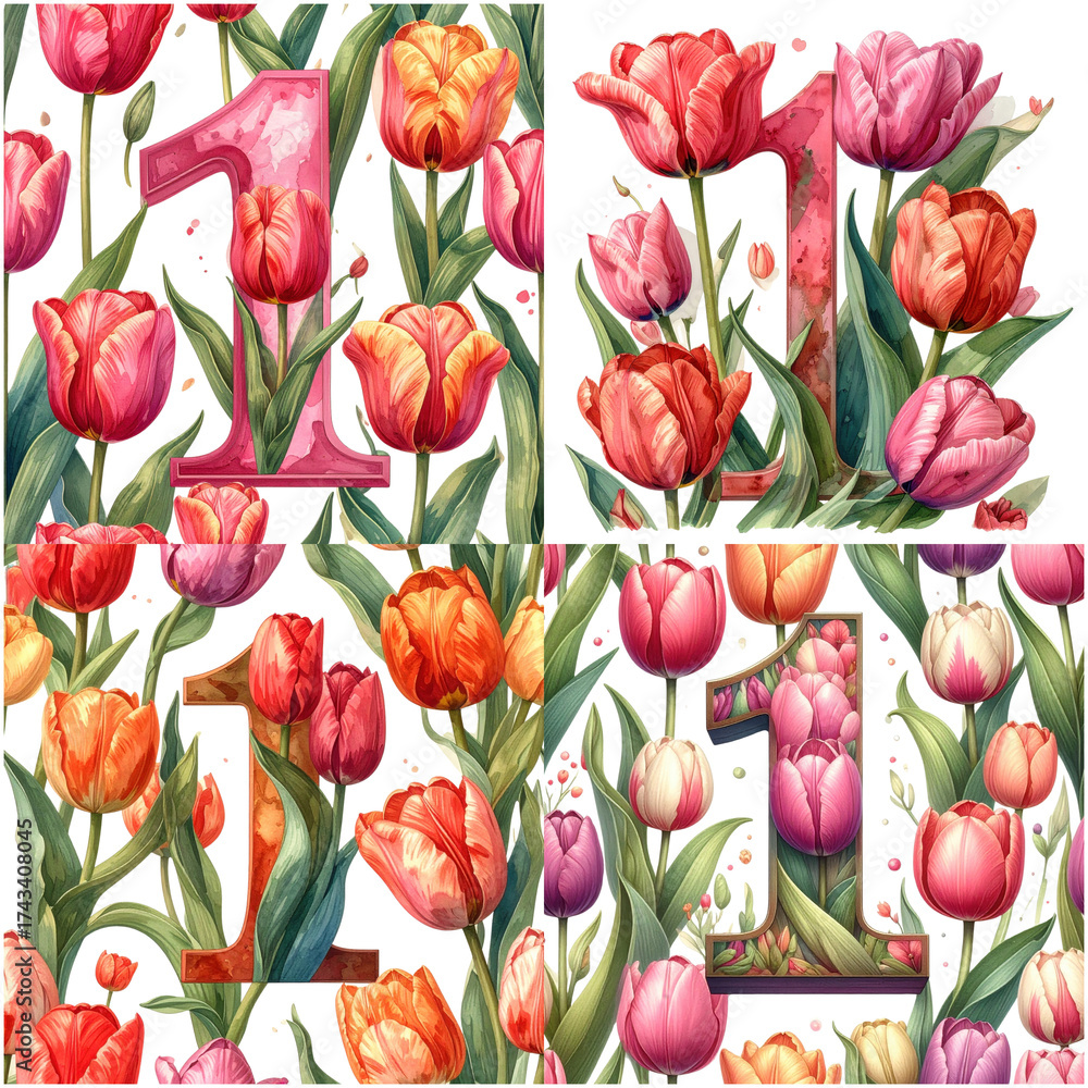 Obraz premium tulip pattern letter 1 creative letter composition featuring intricate patterns and visual beauty.