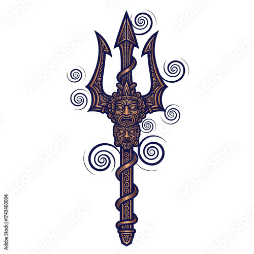 Ornate Trident with Tribal Masks and Swirling Patterns