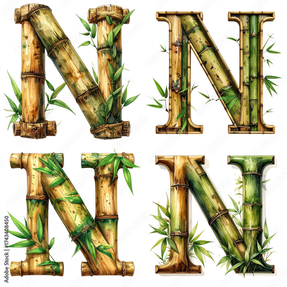 Fototapeta premium bamboo pattern letter N stylish decorative lettering with balanced composition and vivid tones.
