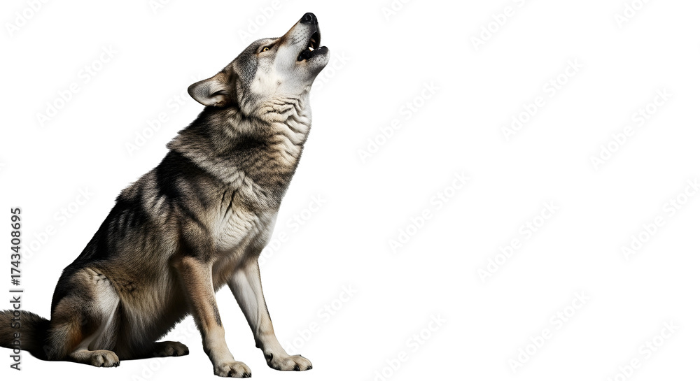 Fototapeta premium A majestic wolf sits and howls with its head tilted back.