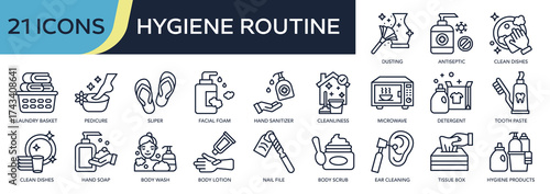 Collection of Hygiene Routine icons, related to Laundry basket, Pedicure, Hand sanitizer, Clean dishes, Hygiene Products and more. Outline icons vector illustation.