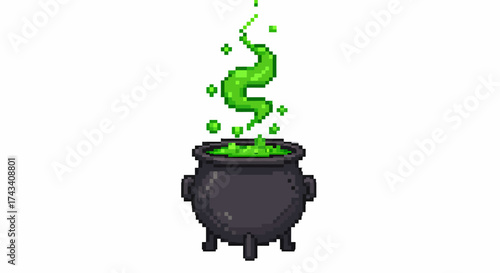 Pixel art illustration of a dark grey cauldron bubbling with bright green liquid and emitting swirling green smoke against a white background.