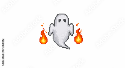 Pixel art ghost with two fiery flames on a white background, depicted in a simple, retro style.