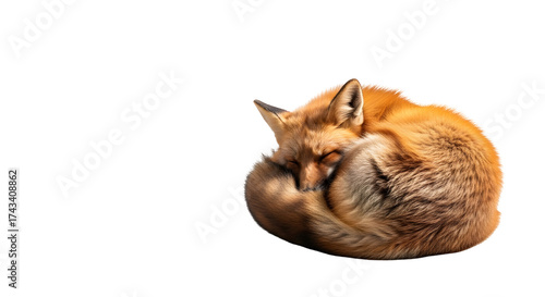 A sleeping red fox curled up on a white background.