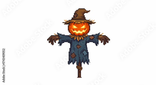 Pixel art scarecrow with a glowing jack-o'-lantern head, wearing a tattered blue coat and a brown hat, ideal for Halloween designs.