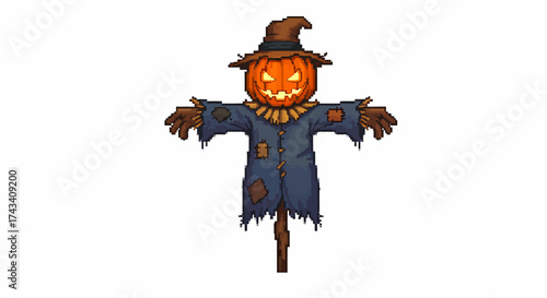 Spooky Halloween scarecrow with a glowing jack-o'-lantern head, wearing a tattered blue coat and brown hat, standing on a wooden pole.